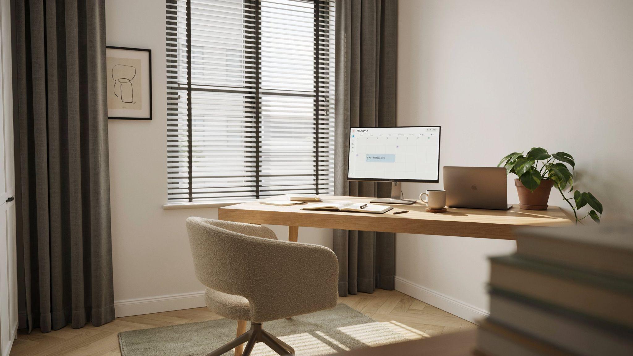 Gray curtains layered over white mini blinds.