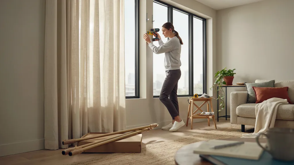 Person installing curtain rod brackets above a window in a modern living room.