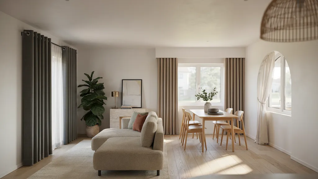 modern interior showcasing multiple curtain types across different windows including blackout grommet cafe and pleated styles in clean home design scene.