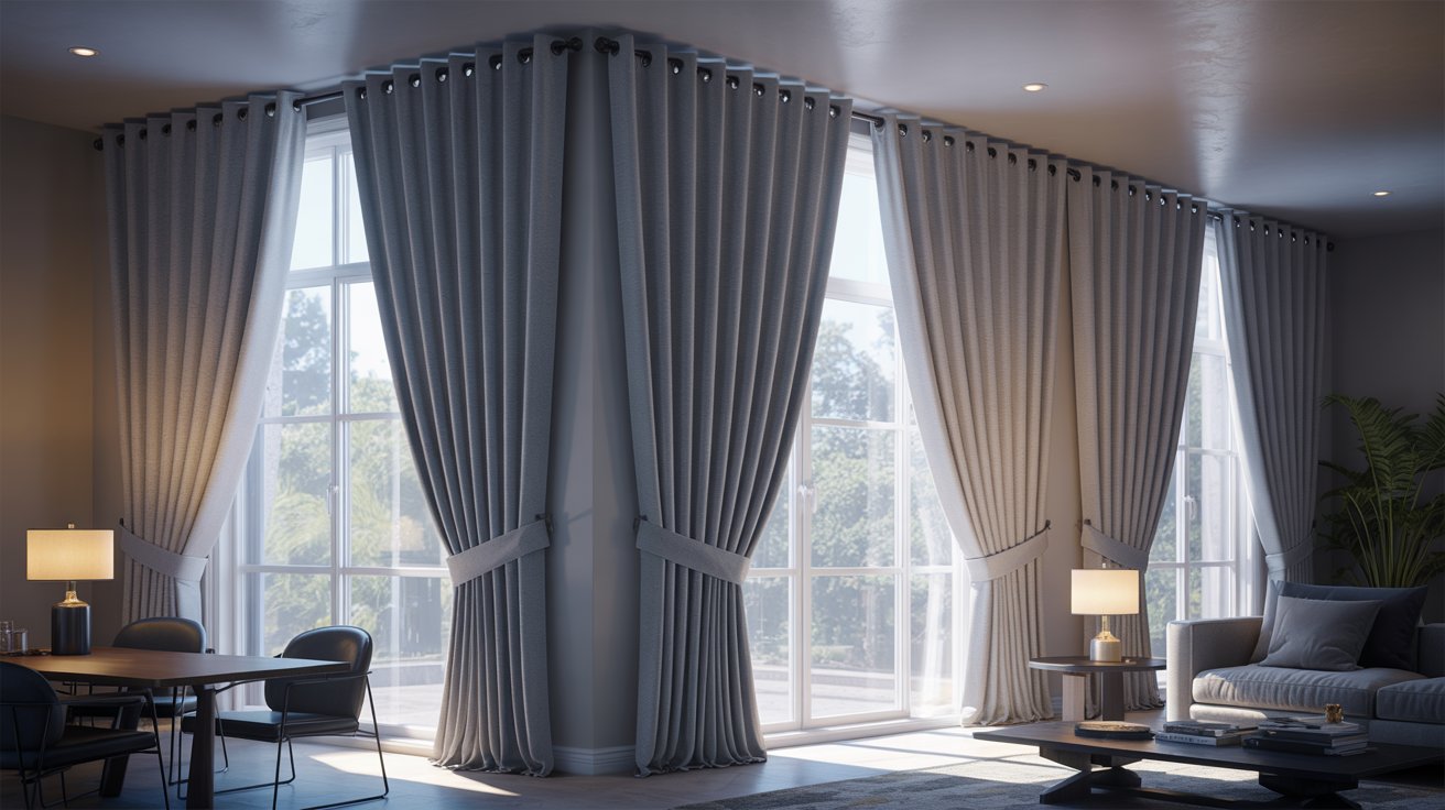 "Properly installed blackout curtains with thermal fabric helping block heat from sunny windows."