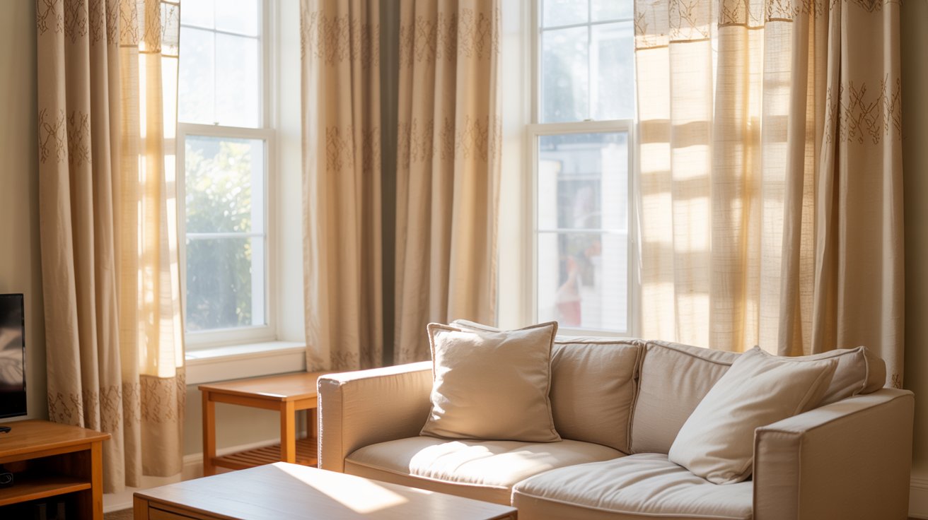 "Cozy family living room with practical cotton curtains in a bright casual everyday interior."