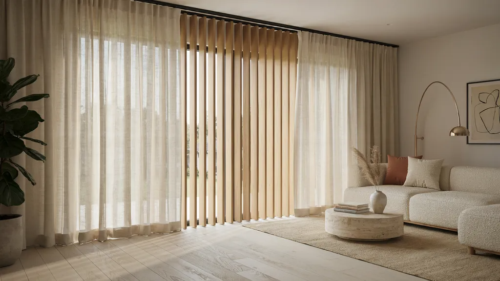 Vertical blinds layered with floor-to-ceiling curtains in a modern living room creating a stylish and polished window look.