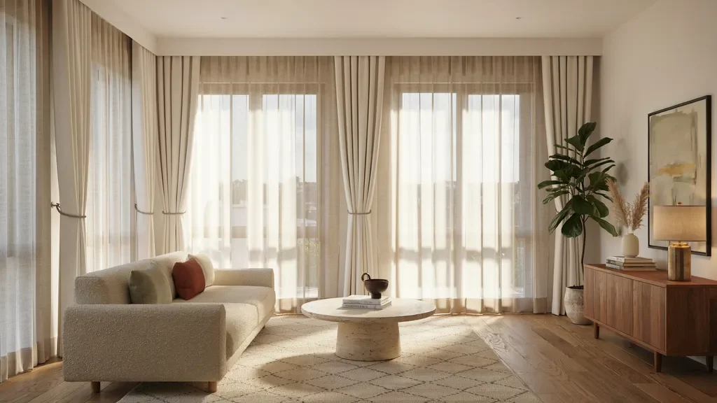 Layered blinds and curtains in a stylish living room