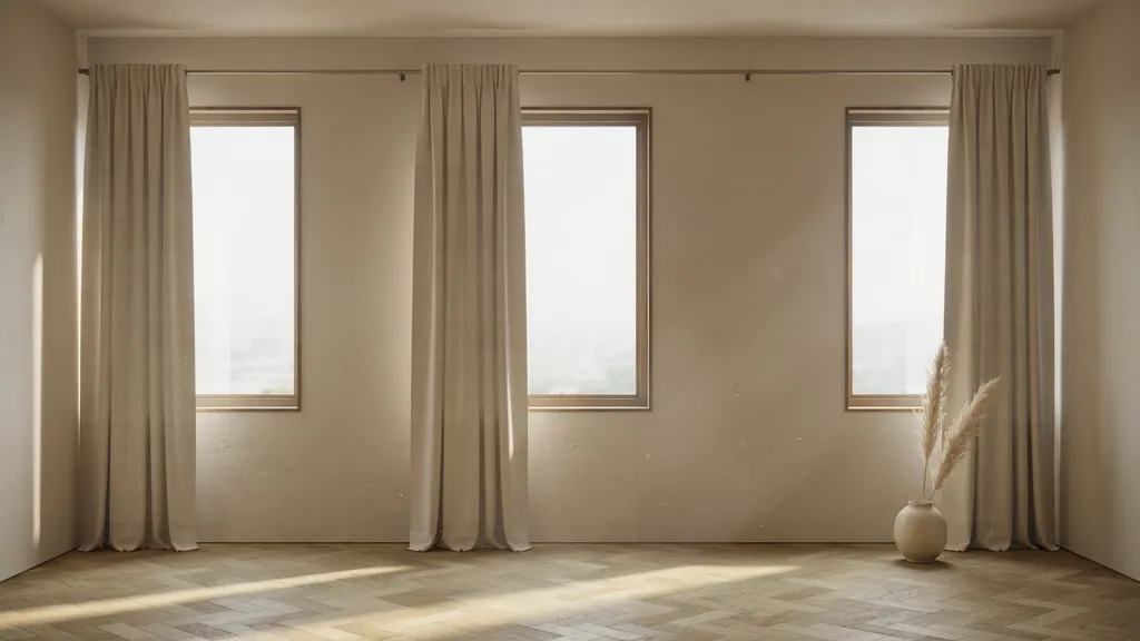 Curtains blending with walls over three realistic windows.