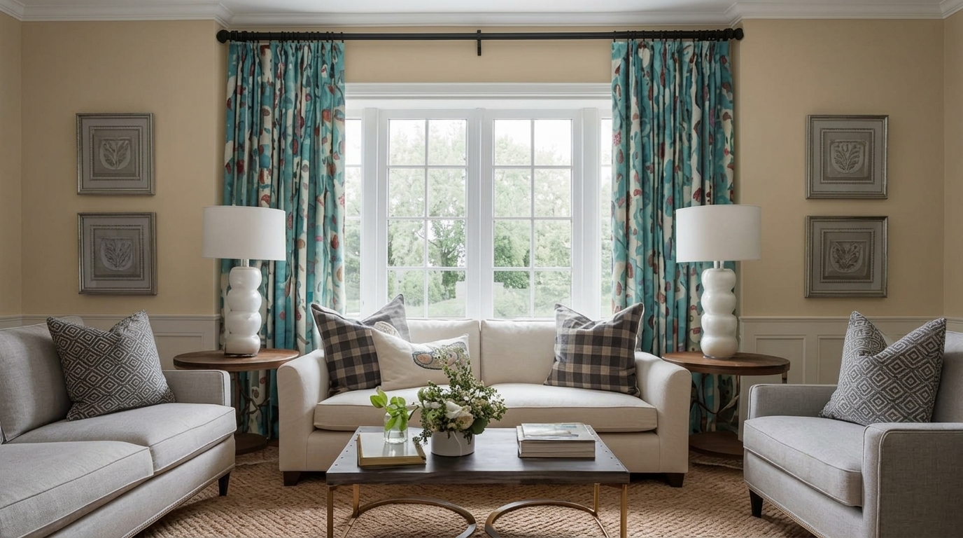 Black curtain rod mounted high above a wide window, extending past the frame on both sides.