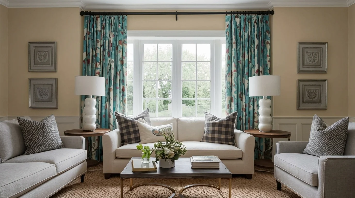 Black curtain rod mounted high above a wide window, extending past the frame on both sides.