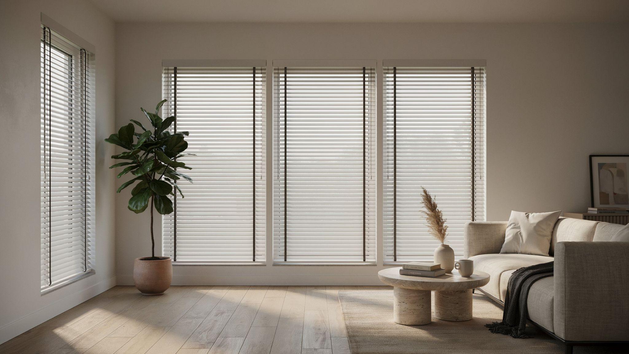 Custom-fit blinds providing seamless coverage across differently sized windows.
