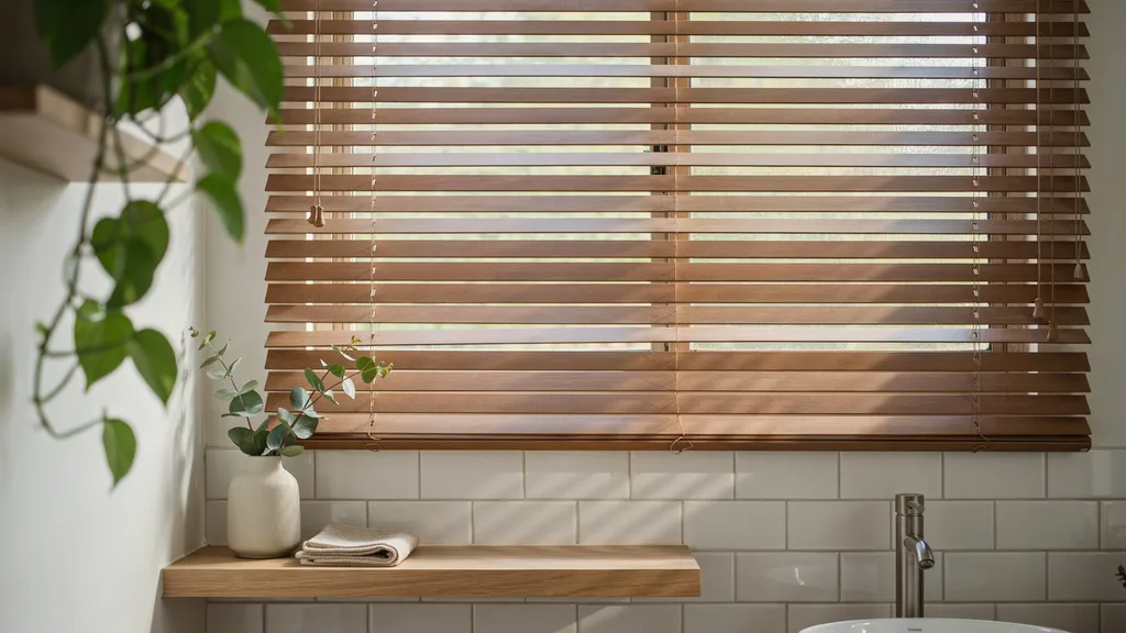 Faux wood Venetian blinds on a bathroom or kitchen window, showing moisture-resistant slats with a wood-like finish in a bright modern space.