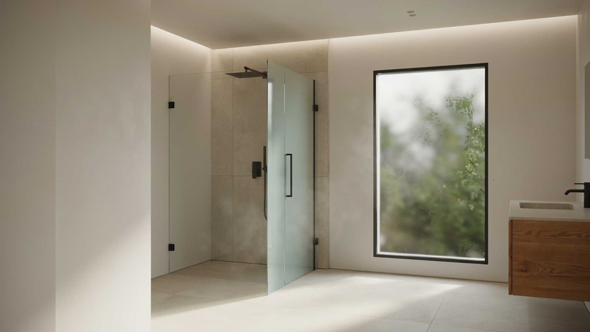 "Modern walk-in shower with frosted and tinted glass window offering privacy and natural light with greenery outside"