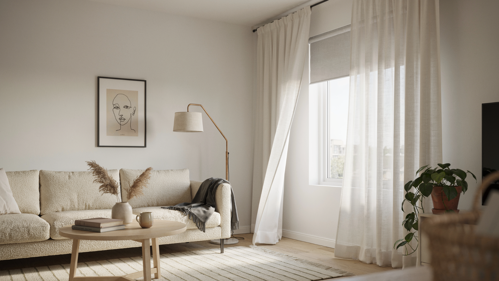 Sheer white curtains layered with roller blinds in a bright modern living room