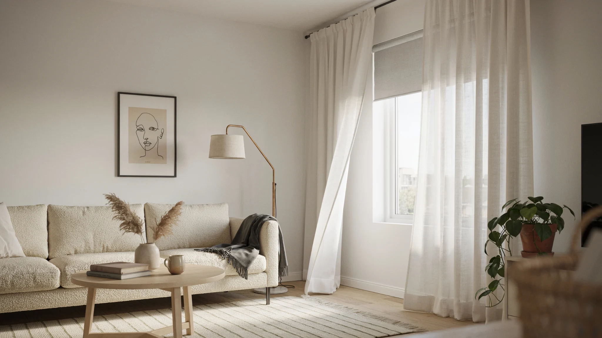 Sheer white curtains layered with roller blinds in a bright modern living room