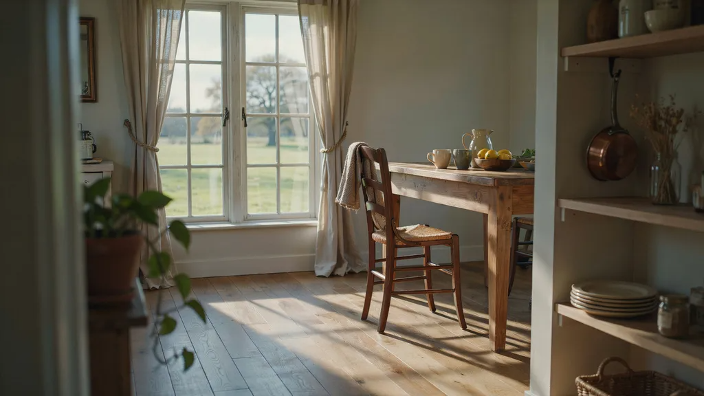 Neutral curtains tied back with rustic twine in a farmhouse-style room