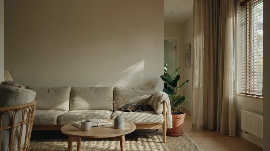 Linen curtains with wooden blinds creating a warm natural Scandinavian interior