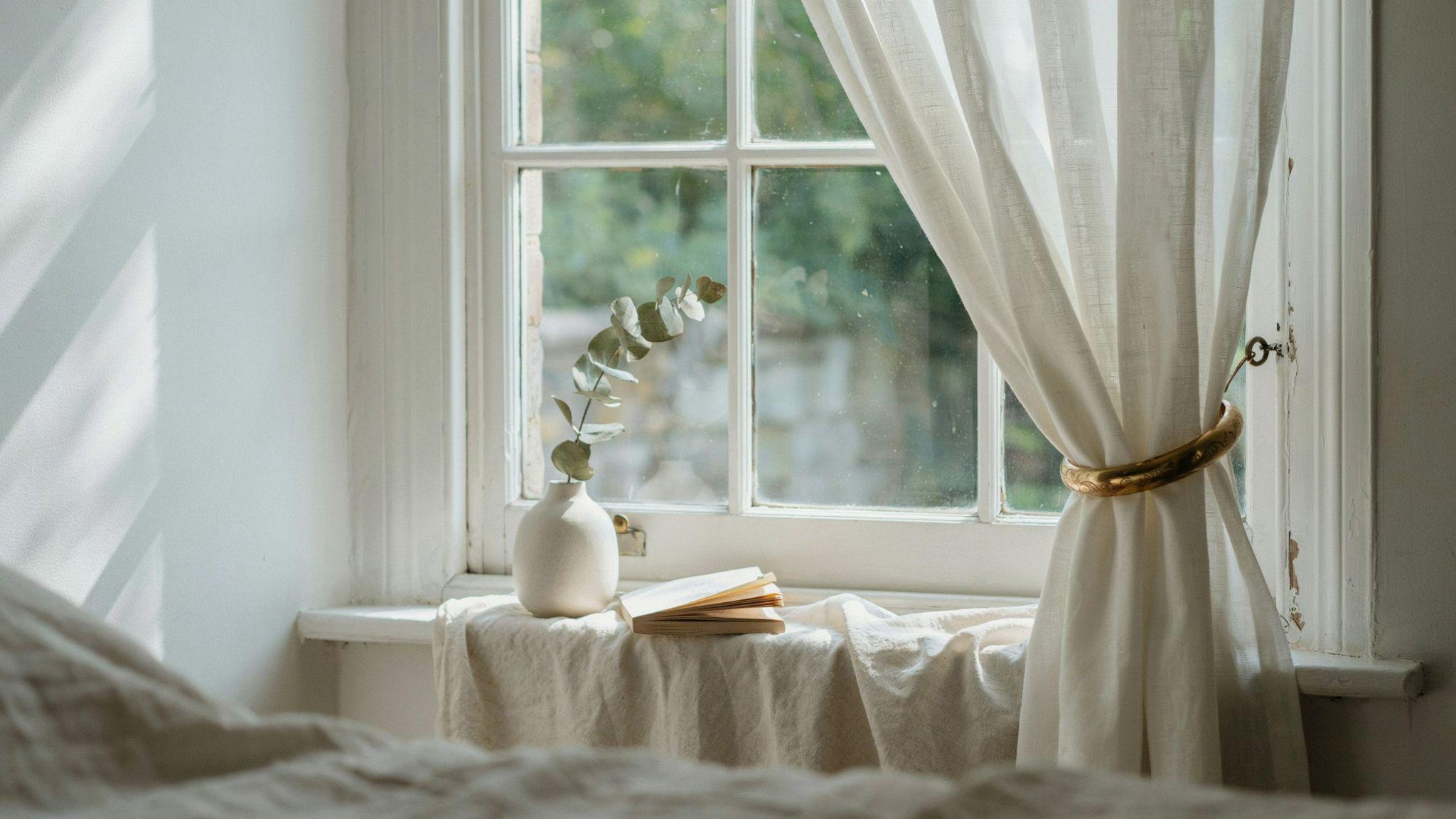 Sheer white curtains on a sunlit window are pulled back with a wide gold bangle used as a DIY curtain ring.