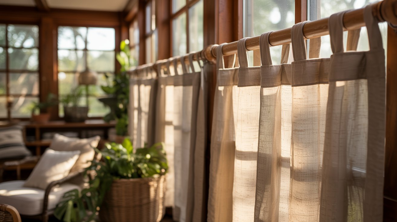 "Relaxed sunroom with tab top curtains featuring fabric loops on a rod in a casual airy interior."