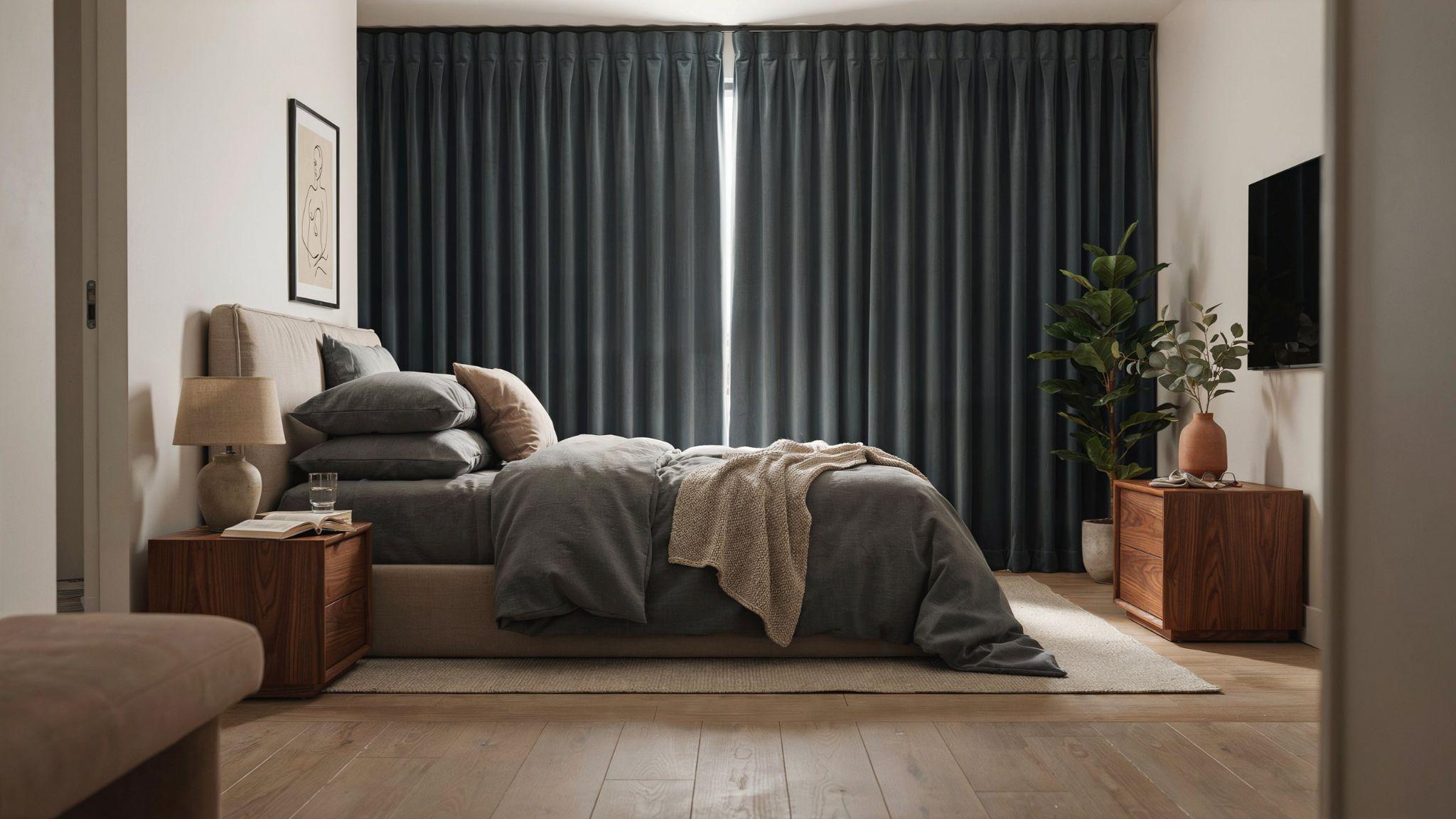 Blackout curtains creating a dark comfortable bedroom for better sleep and privacy