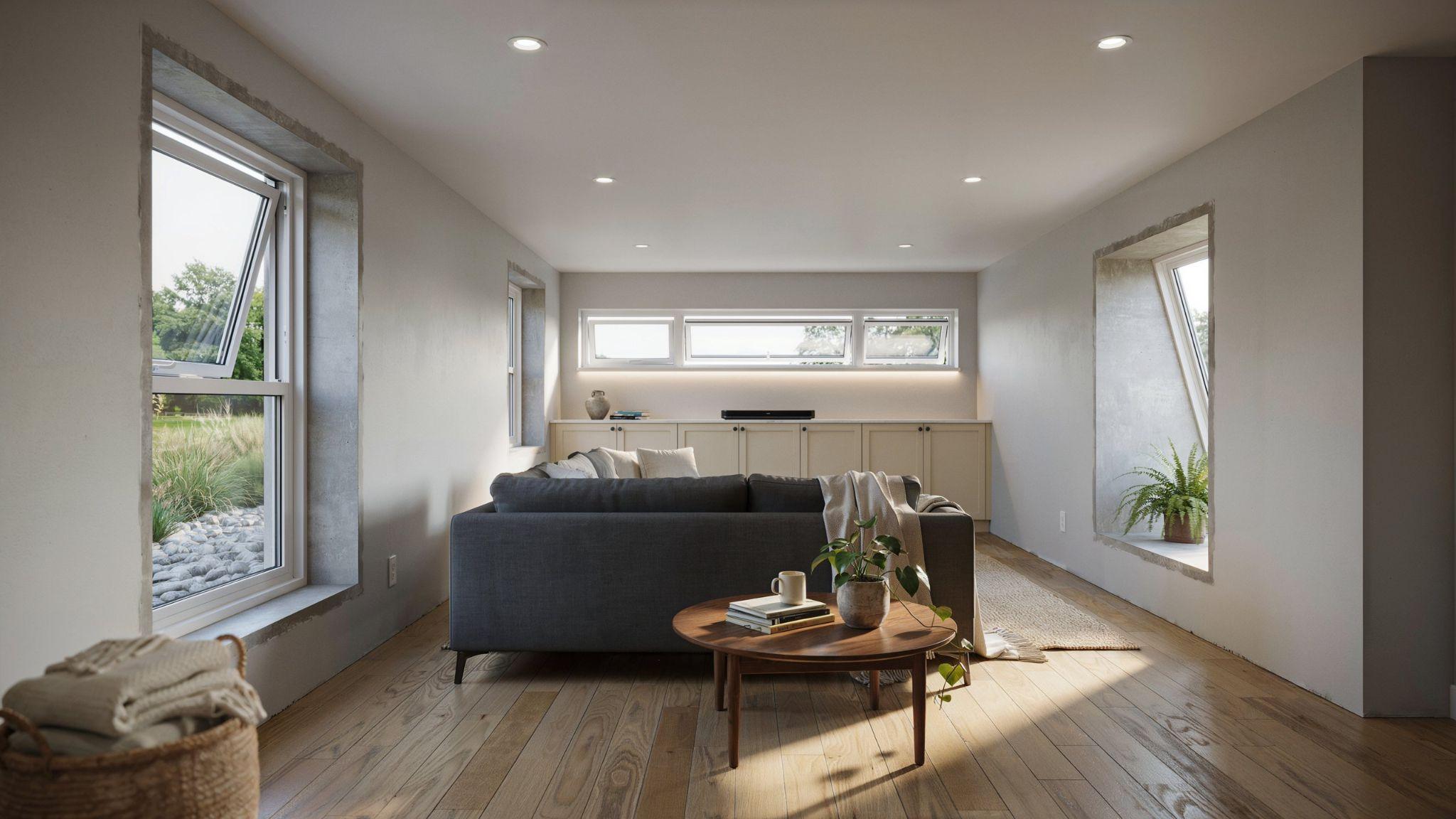Finished basement with windows providing light, ventilation, privacy, and energy efficiency.