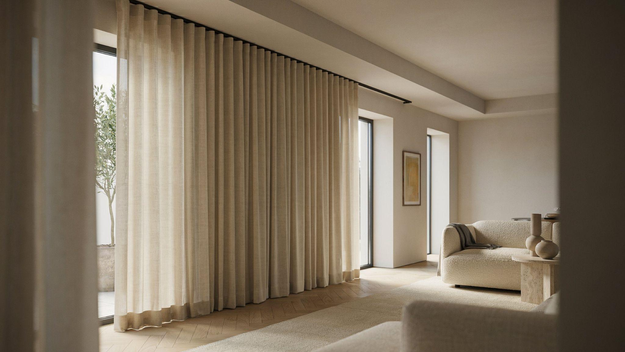 Euro pleat curtains with clean modern folds in a contemporary living space