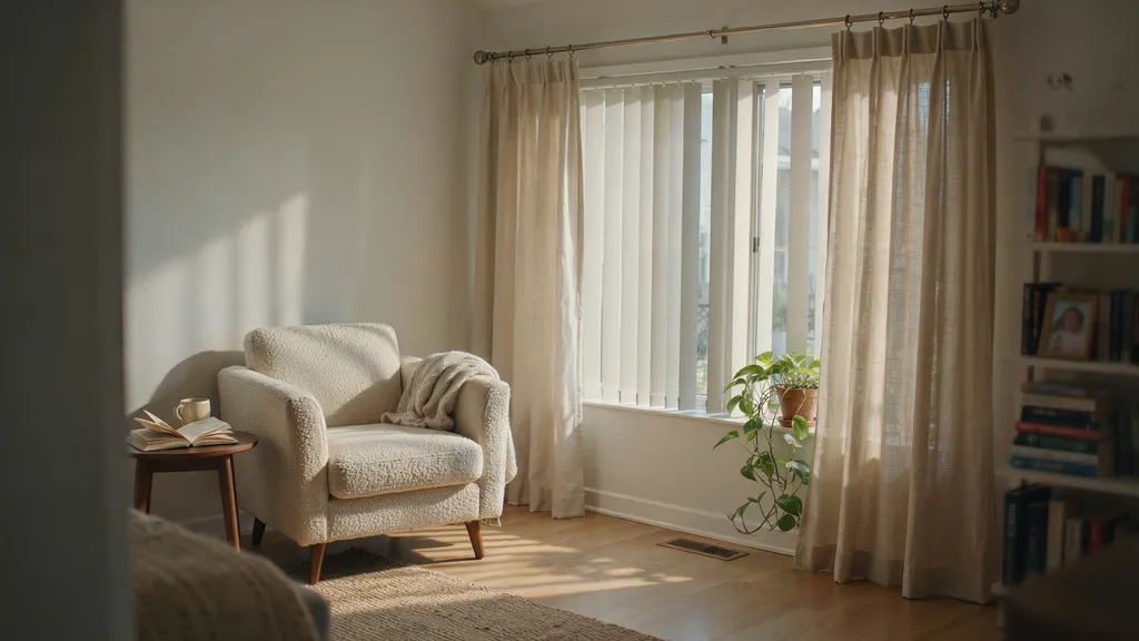 Tab top curtains over vertical blinds creating a relaxed and casual window style.