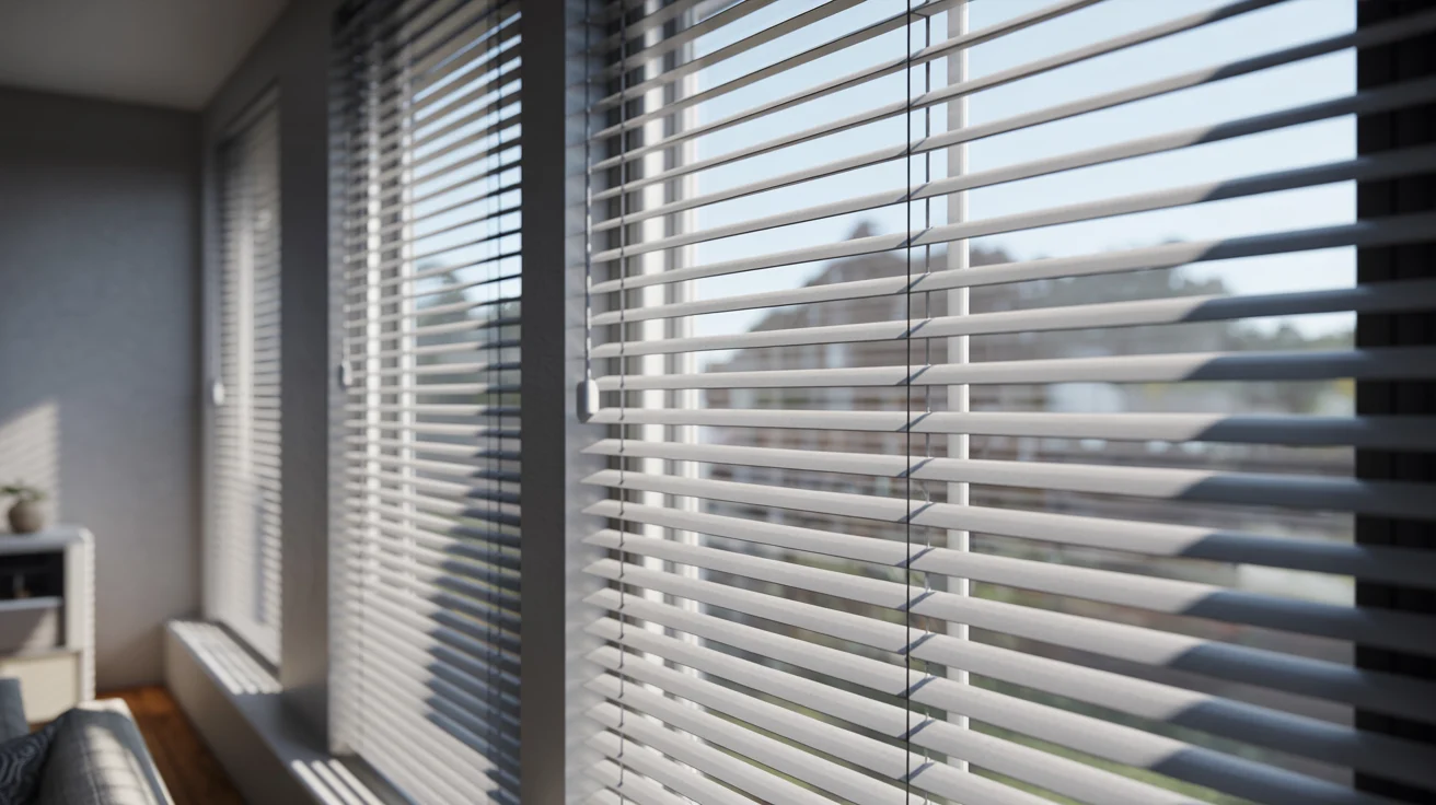 "Horizontal Venetian blinds with fully closed slats demonstrating proper light blocking and privacy control."