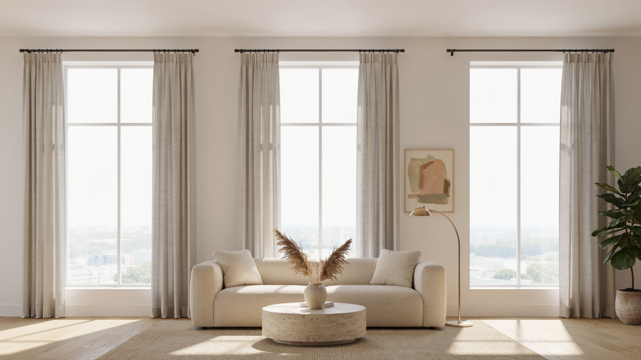 living room comparison showing how different curtain lengths change room height and window appearance in modern interior.