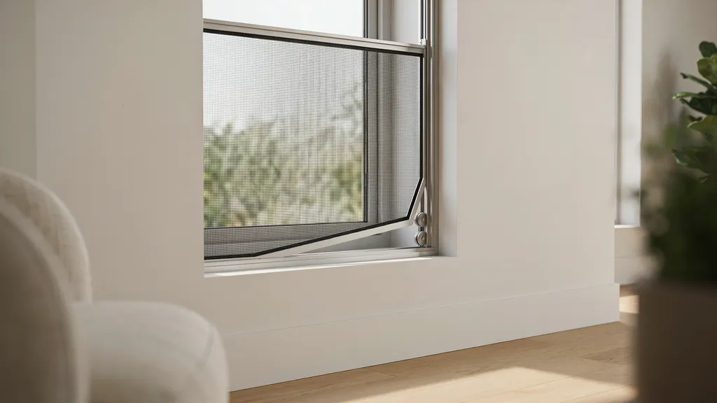 "Window screen partially tilted outward from the bottom edge, showing proper disengagement from the frame groove during removal."