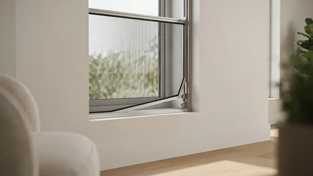 "Window screen partially tilted outward from the bottom edge, showing proper disengagement from the frame groove during removal."