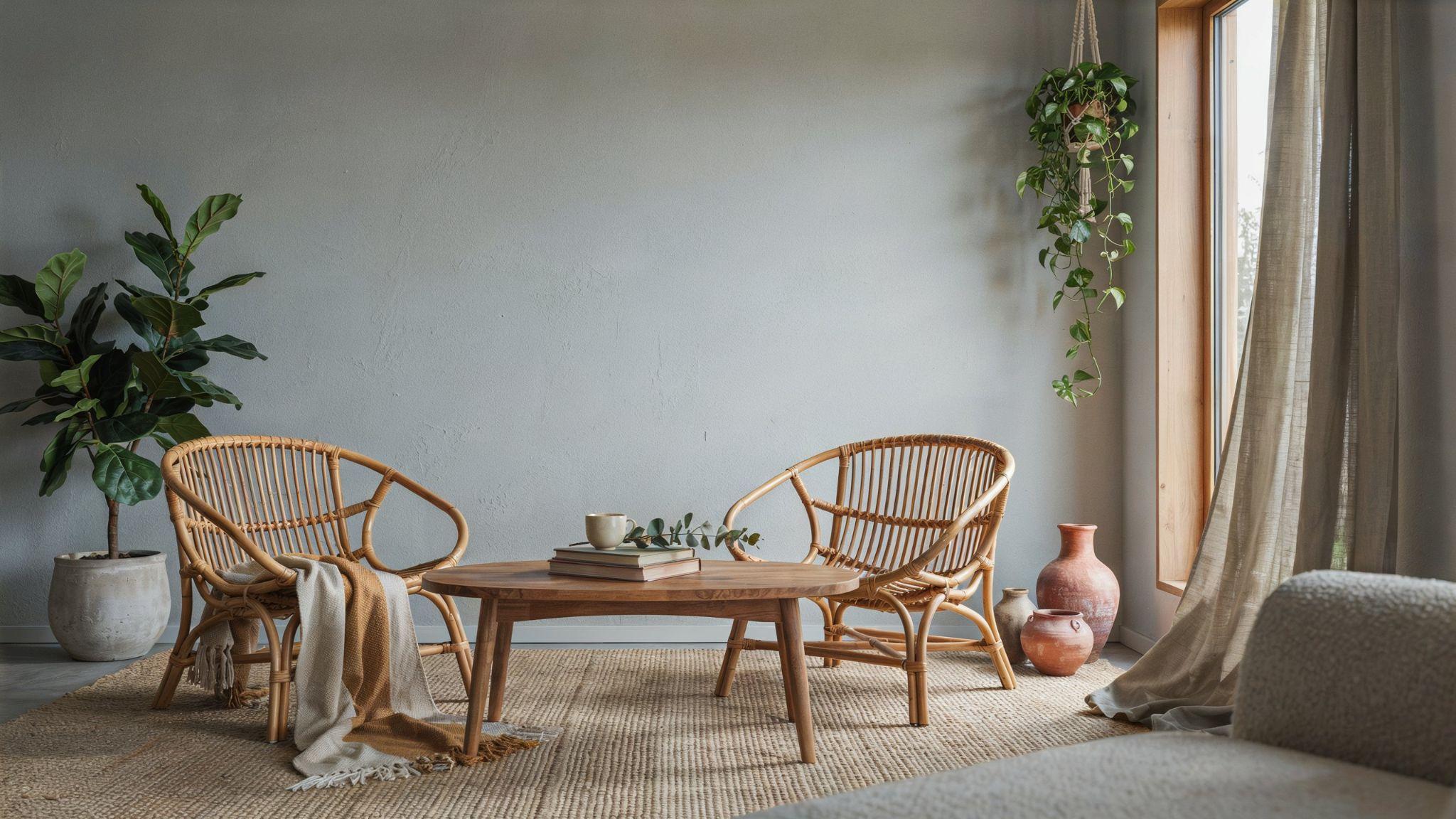 "Rustic modern gray living room with olive green curtains and earthy boho natural decor accents"