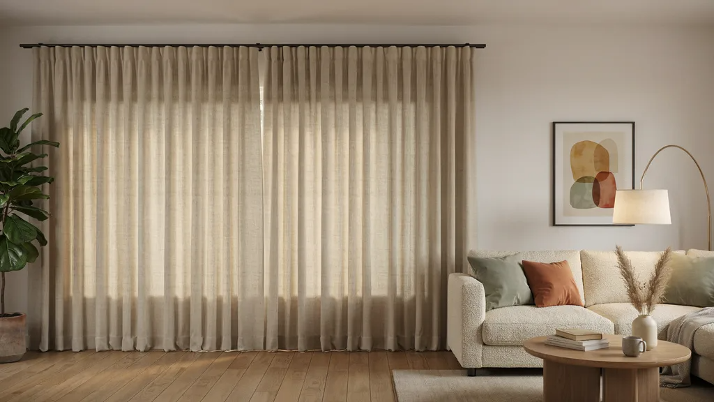 Floor-length curtains fully concealing old vertical blinds in a modern living room.