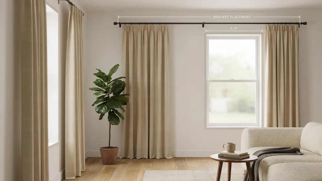window showing curtain rod brackets placed at different side distances demonstrating spacing rules for light and width effect.