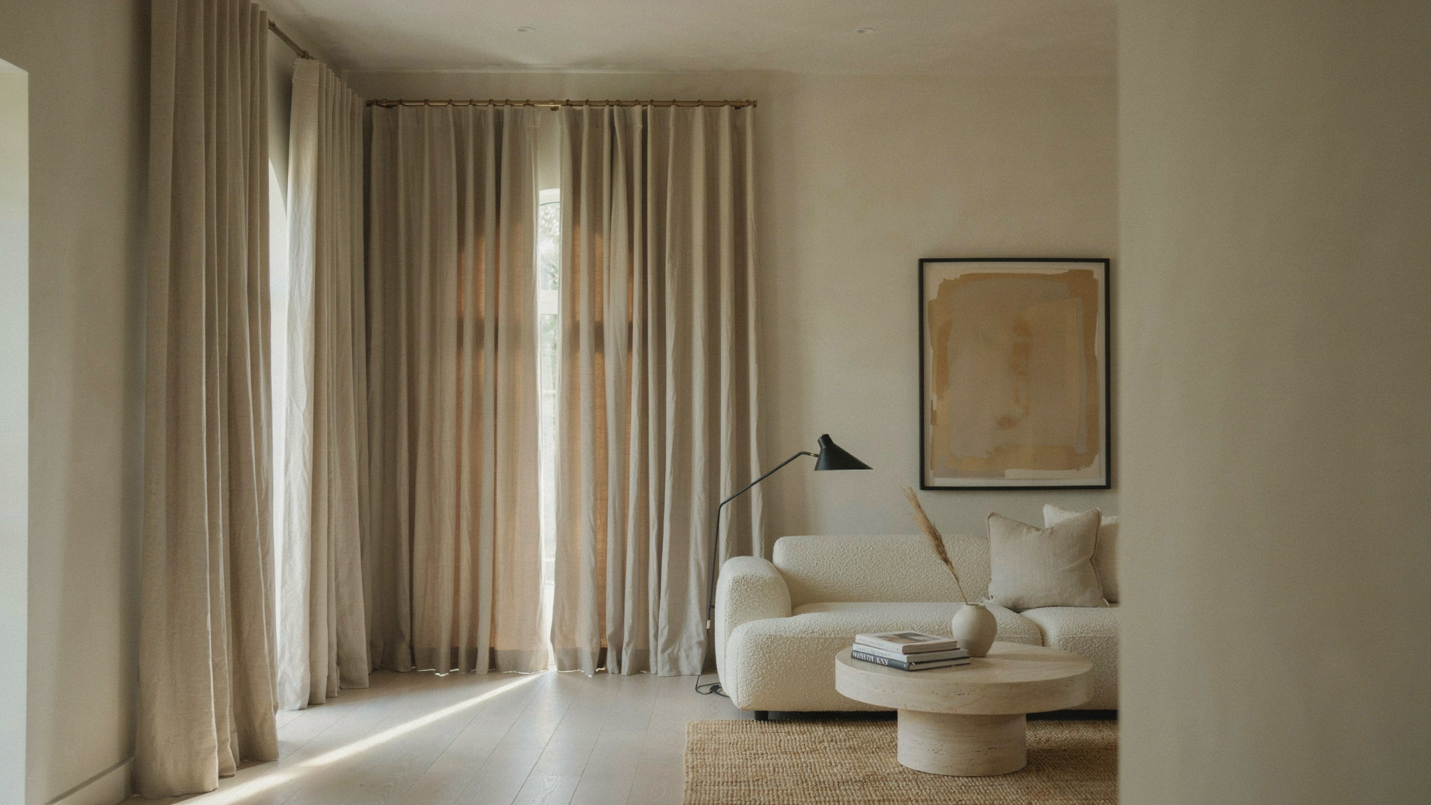 tall modern room with ceiling height curtains creating dramatic vertical lines from ceiling to floor.