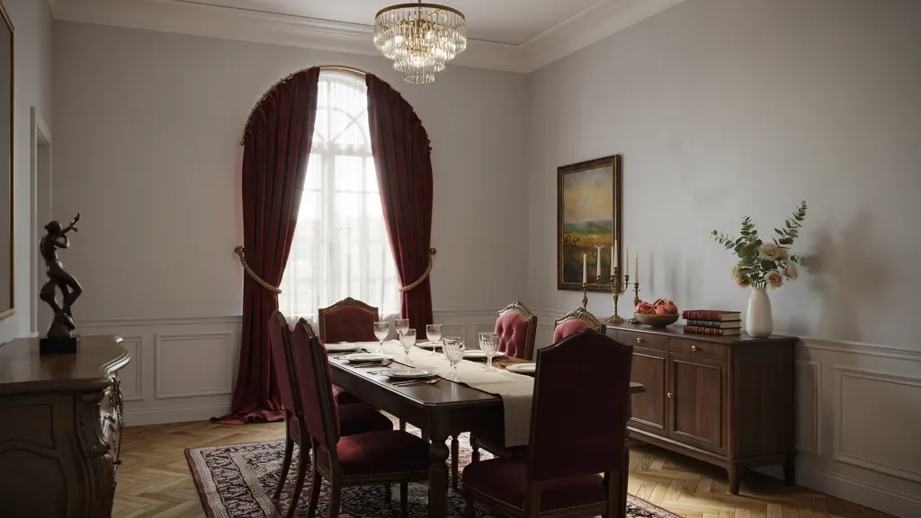 "Luxurious gray dining room with deep burgundy curtains creating a rich dramatic and formal atmosphere"