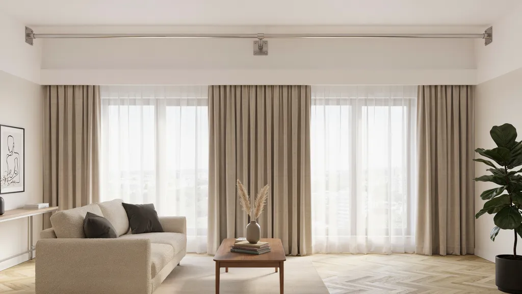 long curtain rod with center support bracket preventing sagging in modern living room interior setup.