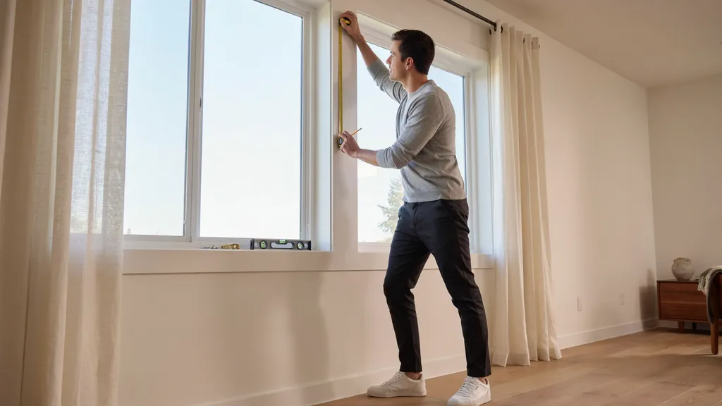 Marking the correct height for curtain rod brackets.