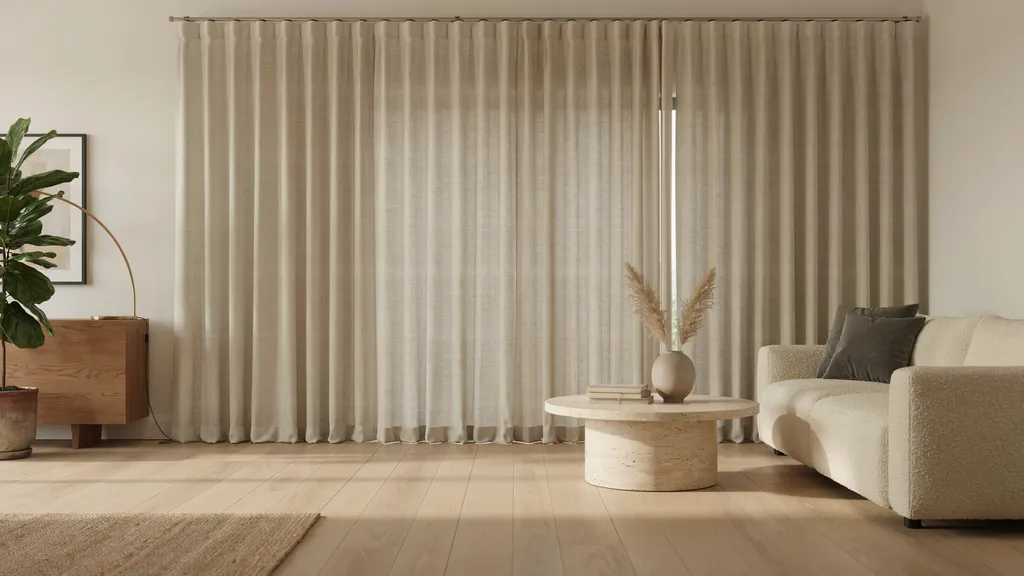 Floor-to-ceiling curtains over vertical blinds creating the illusion of taller ceilings.