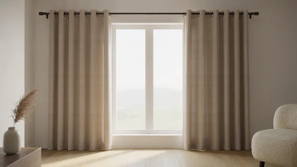 "Fully mounted grommet curtains on level rod with evenly spaced folds and end caps in modern interior window setup"