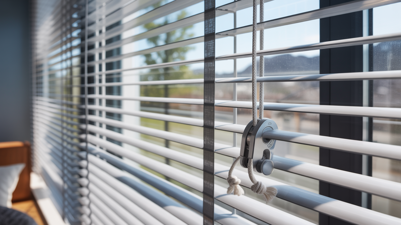 "Corded window blinds partially lowered with visible lift cord demonstrating the correct way to adjust blind height."