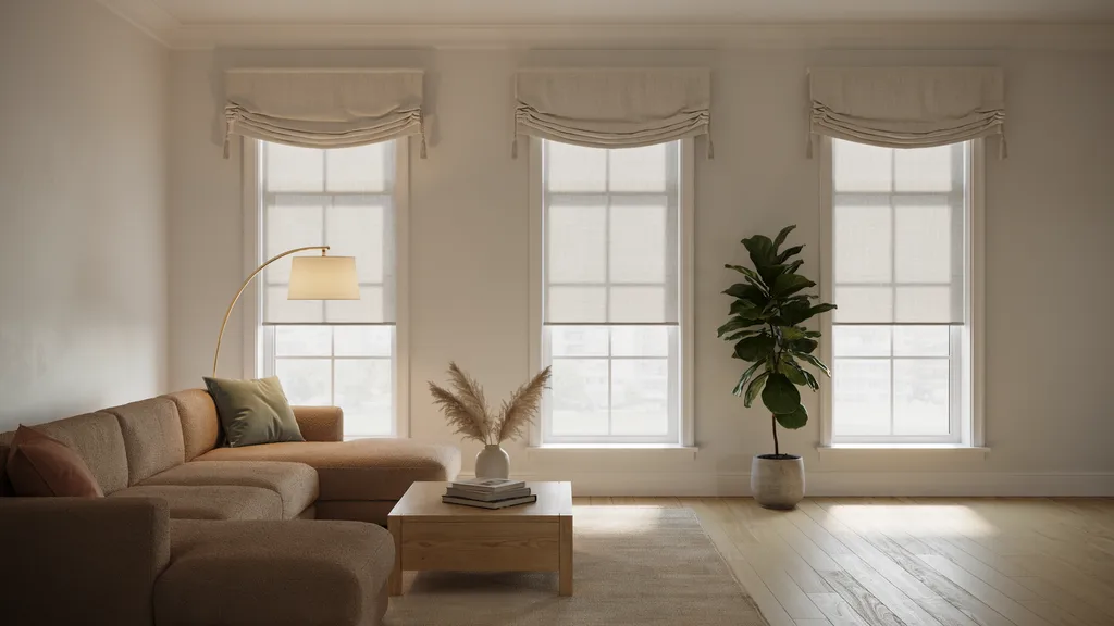 Valances and shades layered across three realistic windows.