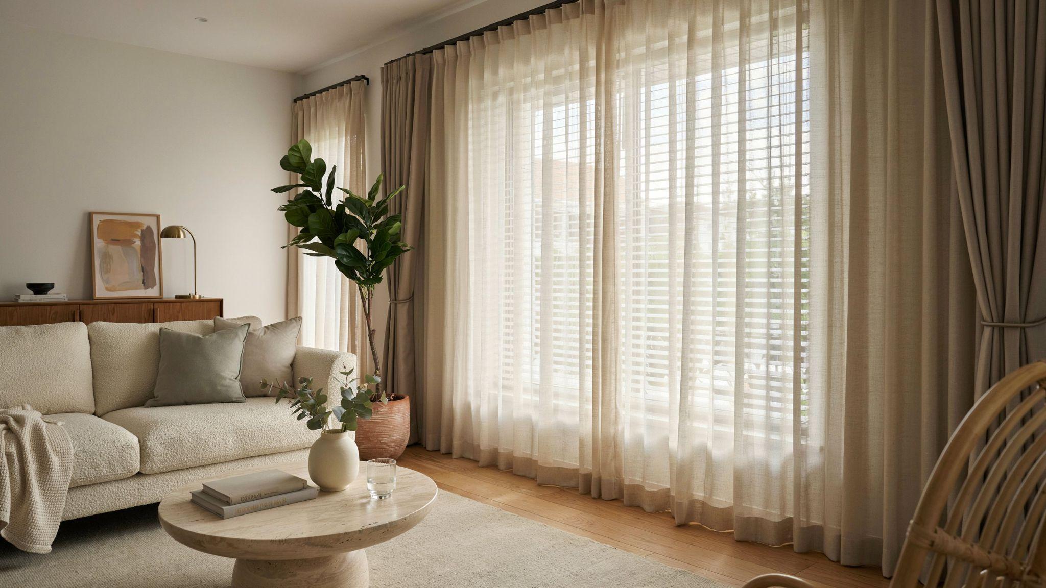 Double-layered curtains installed over window blinds.