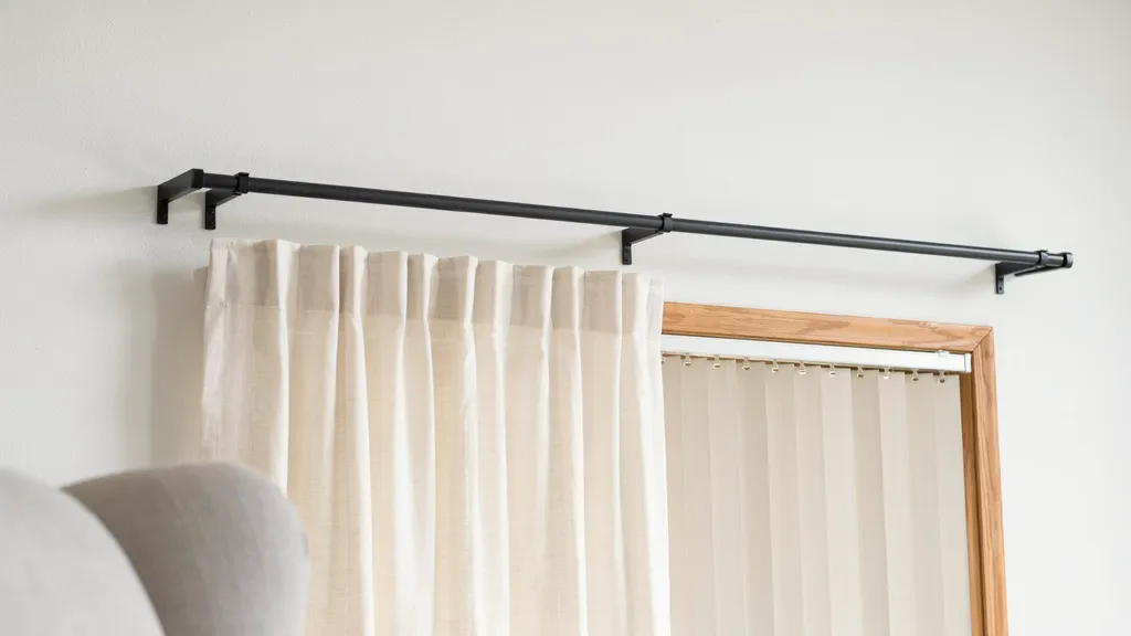 Curtains installed with proper spacing so they do not touch vertical blind tracks.