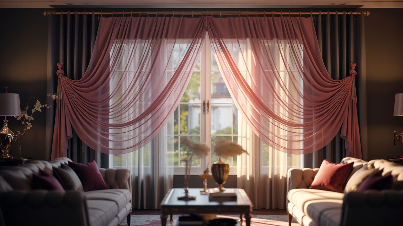 "Elegant living room with a decorative window scarf curtain draped over a rod in soft flowing folds for a formal look."