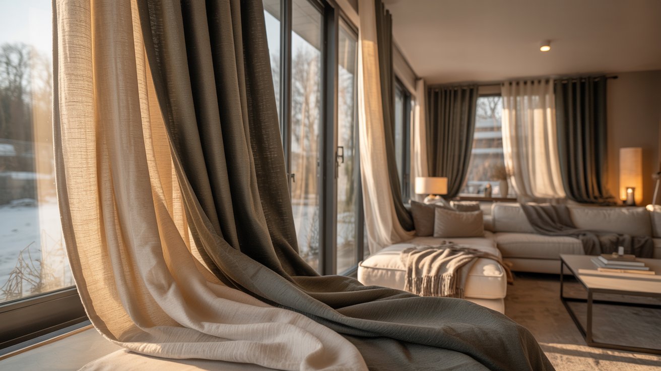 "Modern living room with insulated thermal curtains designed for temperature control and energy efficiency."