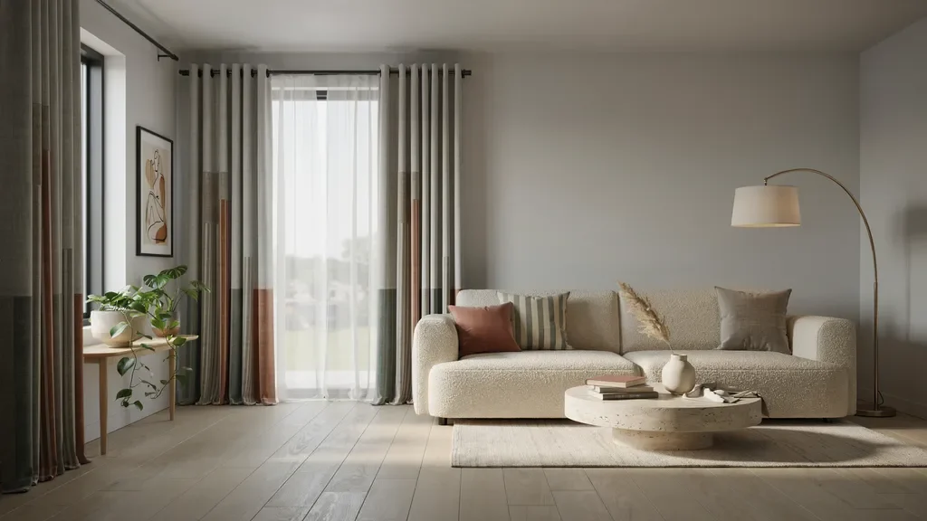 "Modern gray living room with patterned curtains featuring subtle multi-tone design adding texture and visual interest"