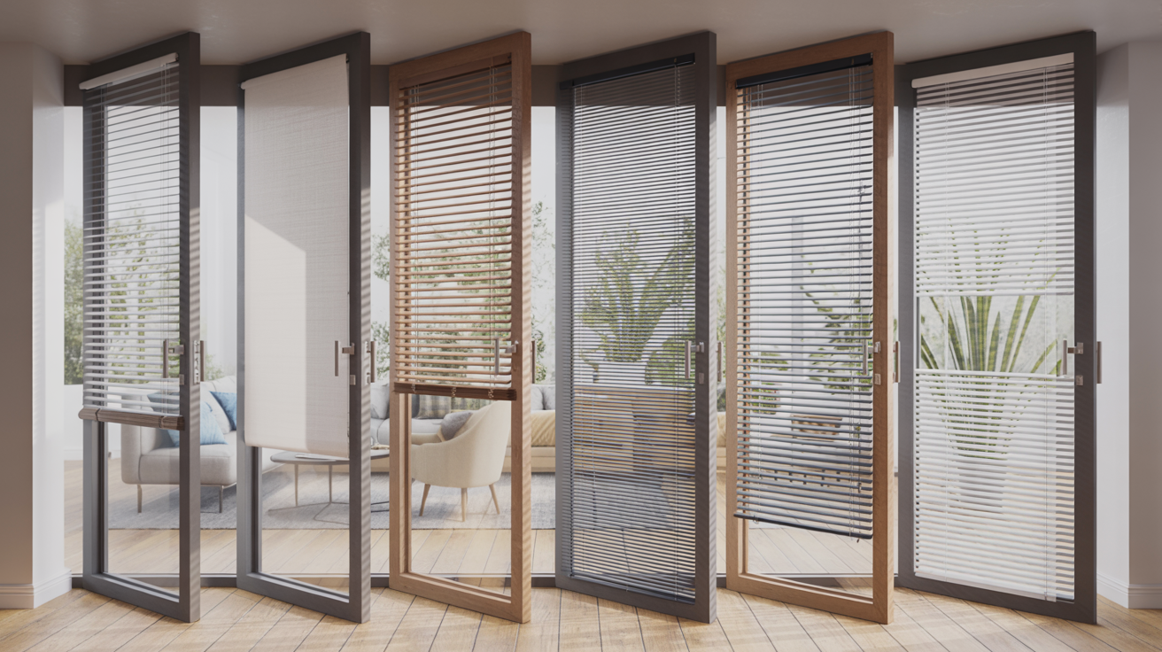 "Different types of window blinds including Venetian, vertical, roller, cordless, and mini blinds shown in a modern interior."