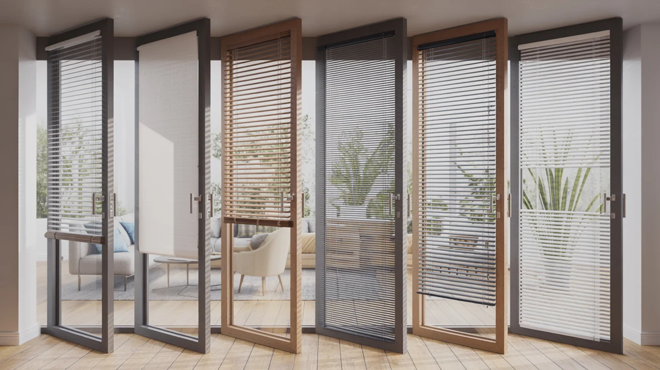 "Different types of window blinds including Venetian, vertical, roller, cordless, and mini blinds shown in a modern interior."