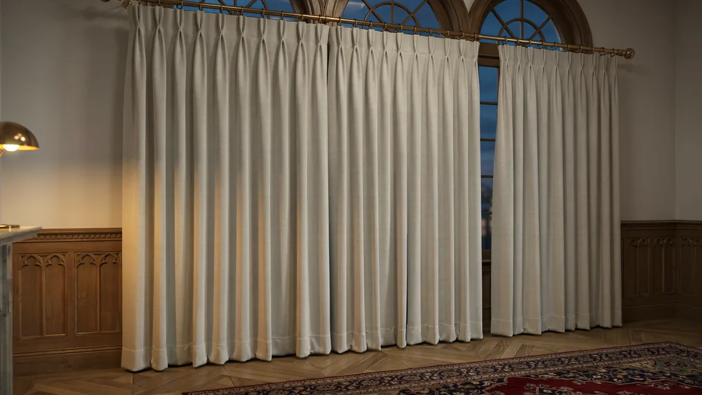 Pinch pleat curtains with neatly gathered top folds creating a full structured drape ideal for traditional formal interiors using heavier fabrics and elegant curtain rod setups.