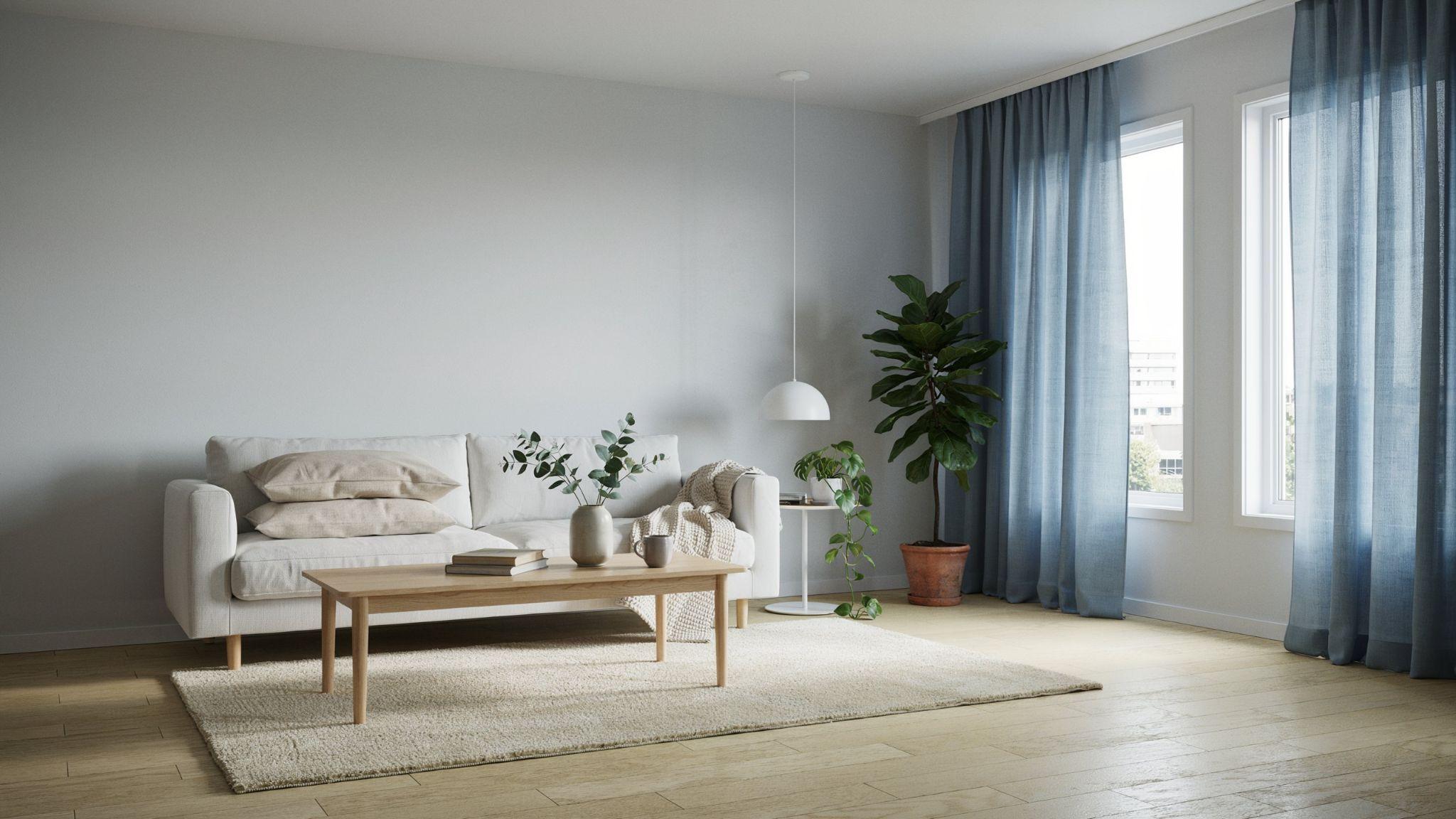"Bright modern gray living room with sky blue curtains creating a soft airy and calming atmosphere"