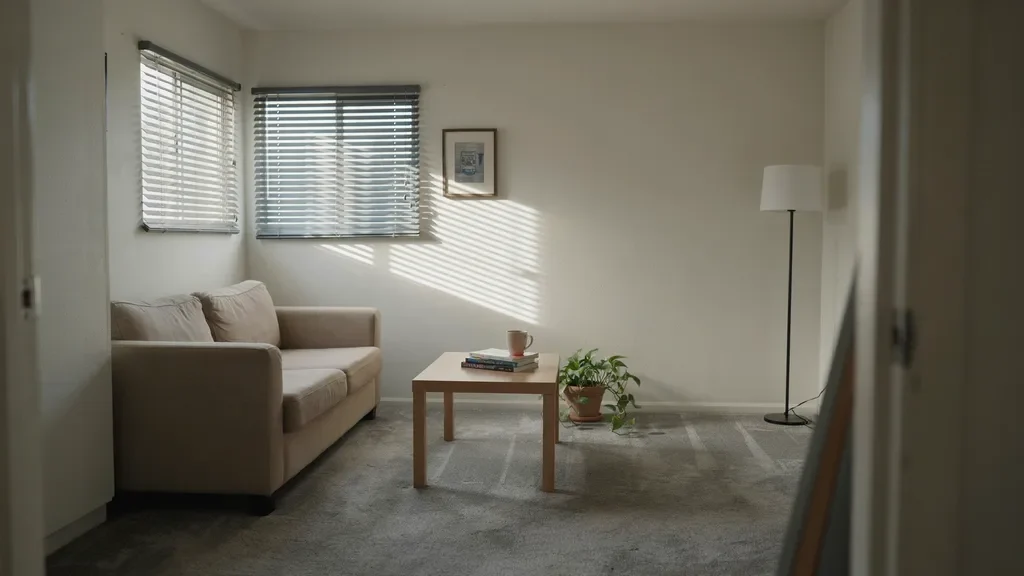 Mini blinds installed in a living room