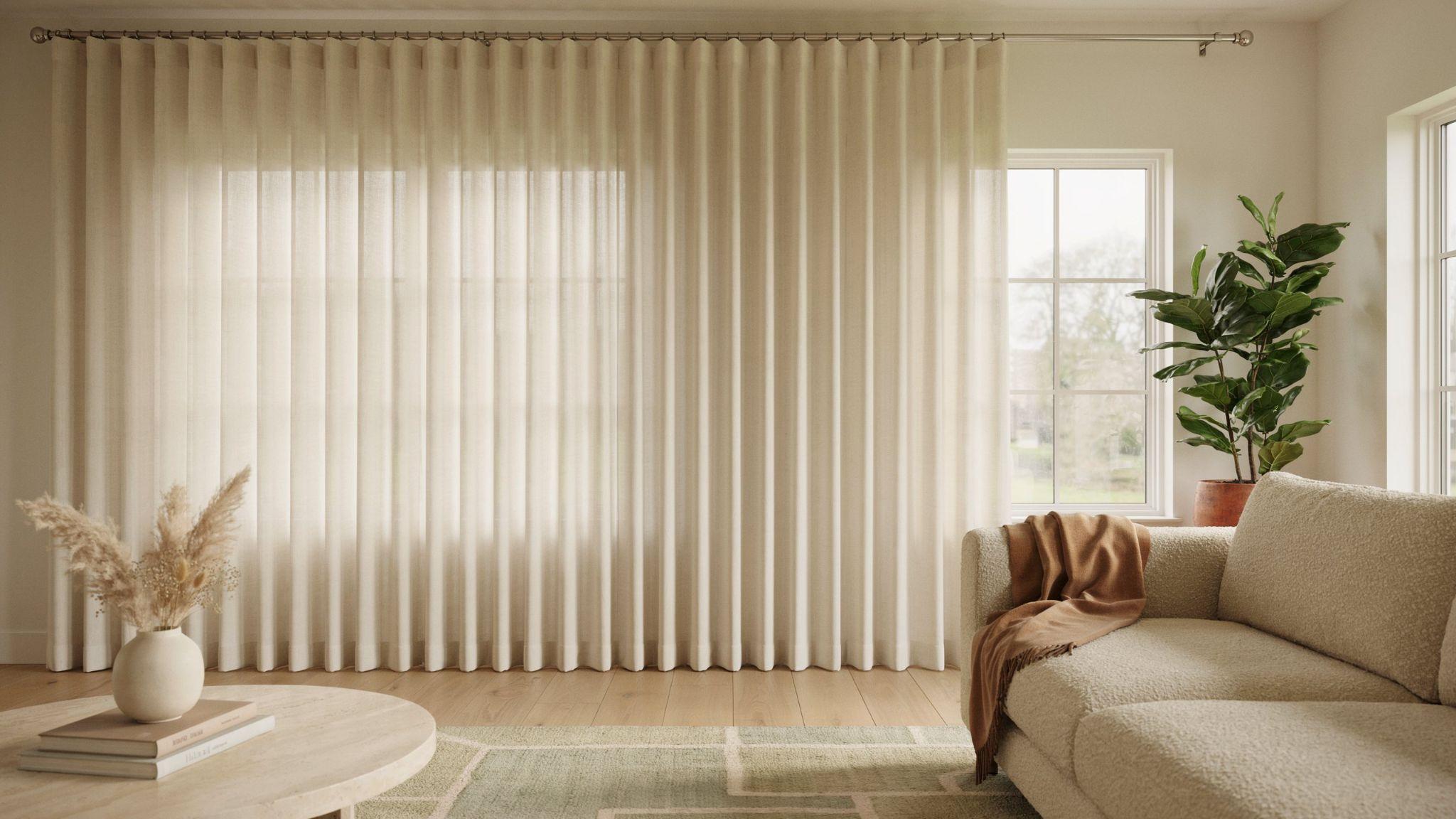 Pinch pleat curtains with evenly spaced folds hanging from a traverse rod system