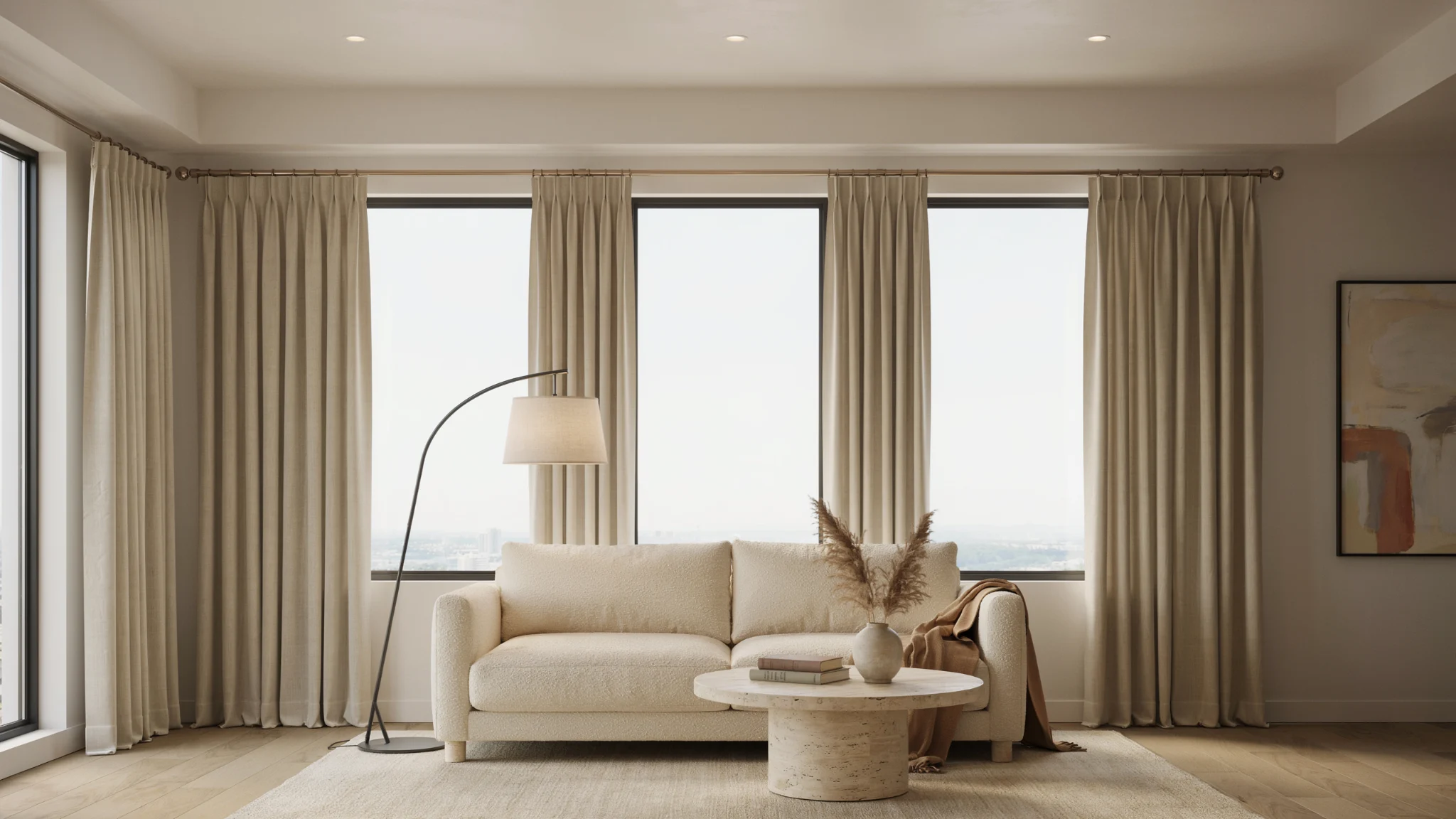 Three side-by-side windows dressed with continuous floor-to-ceiling drapes creating a seamless and elegant look in a modern living room.